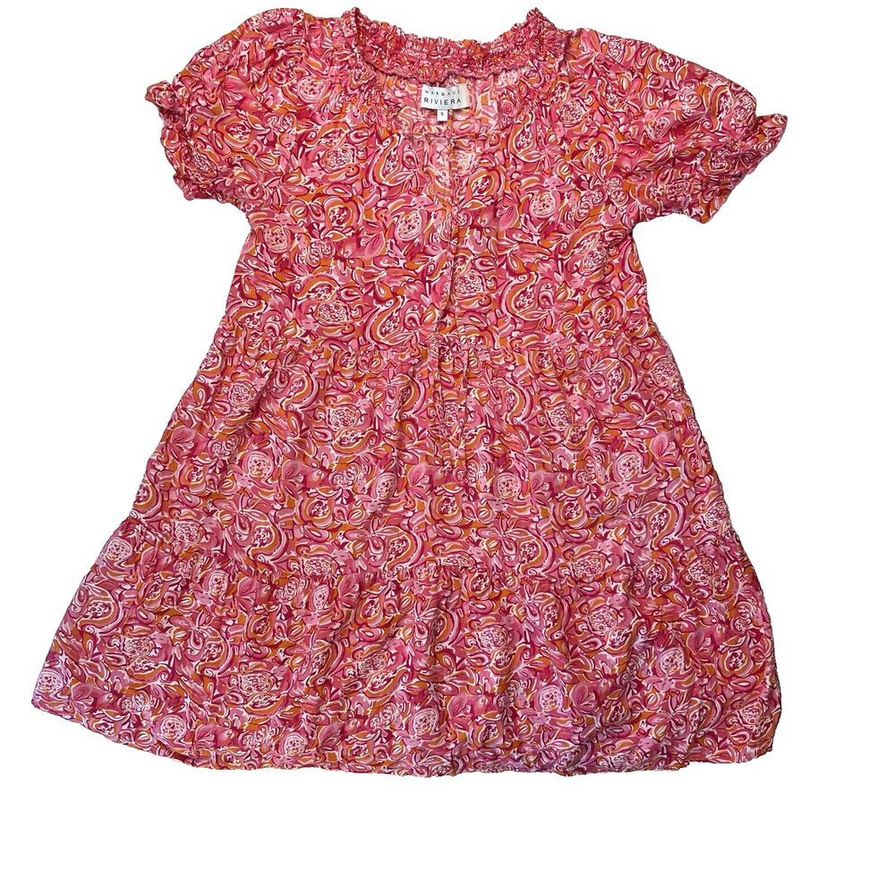 Margaux Riviera Size Small Dress Pink Orange Print Floral Puff Sleeve Swing‎